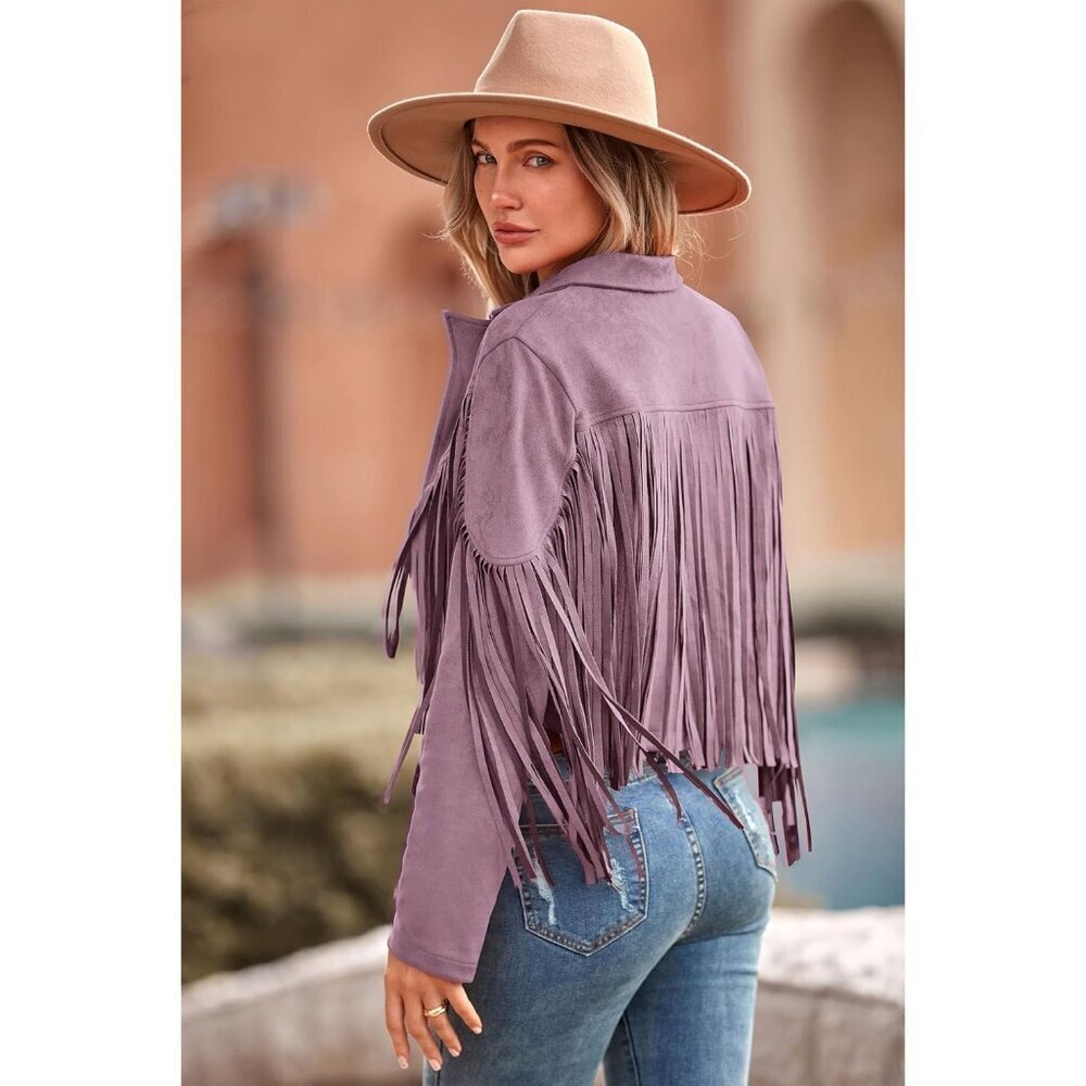 Women's Purple Fringe Faux Suede Leather Tassel Motorcycle Cropped Jackets - Picture 2 of 9